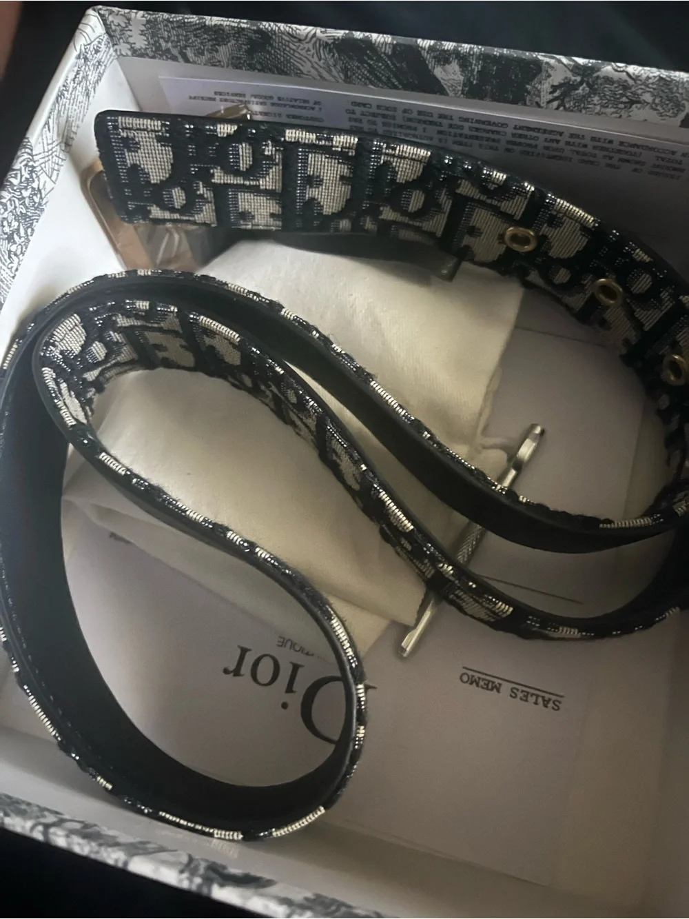 Dior Men’s Black and White Jacquard Logo Belt with Gold Buckle